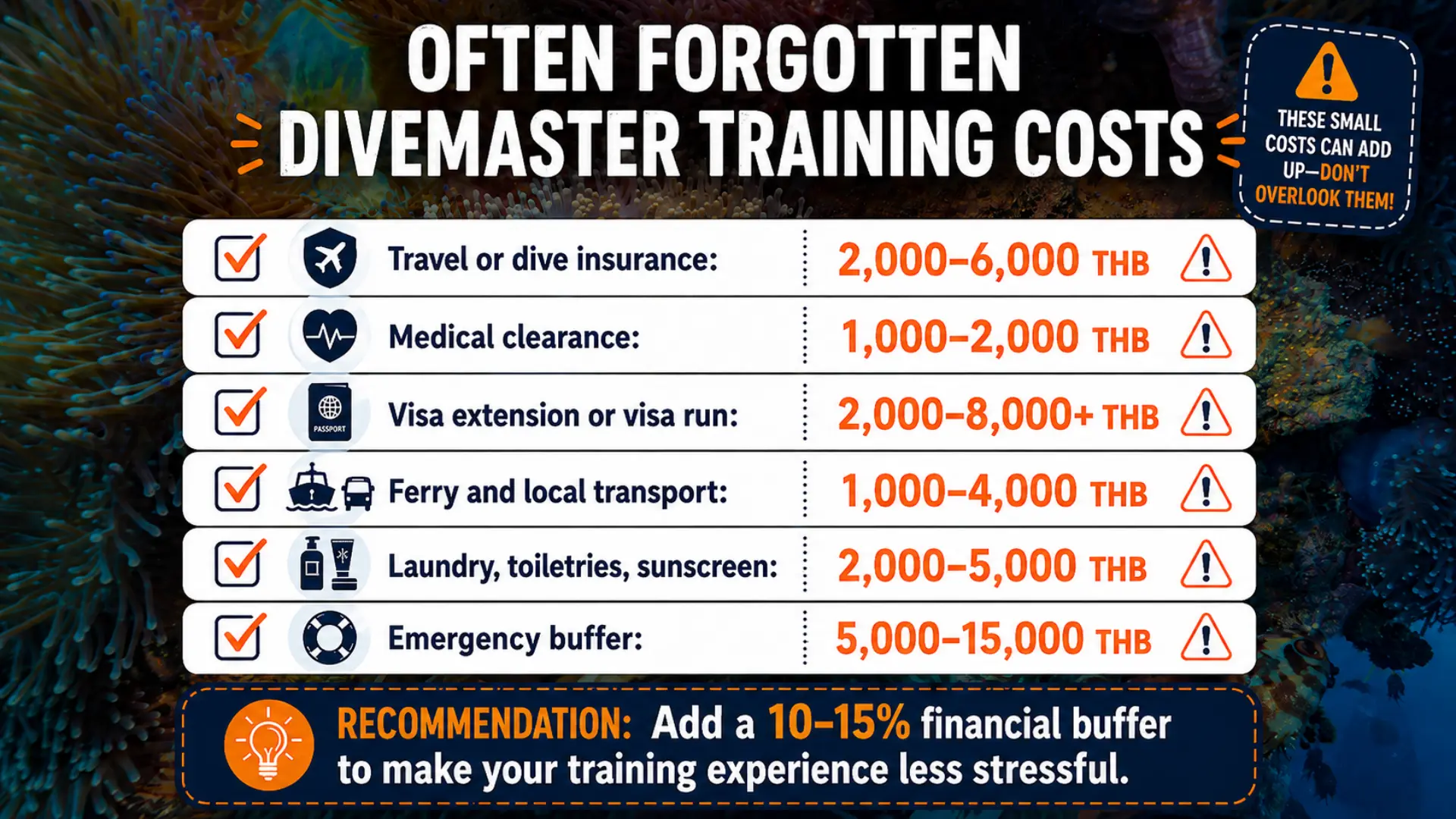 visa, insurance, medical, and other costs for divemaster training