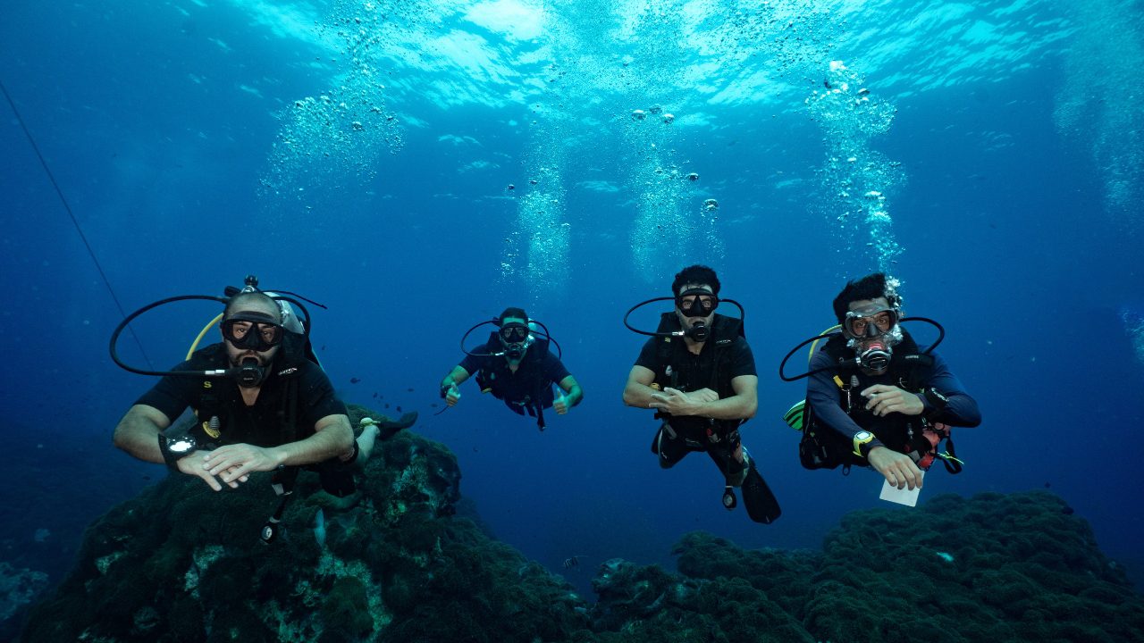 Professional divemaster leading underwater tour