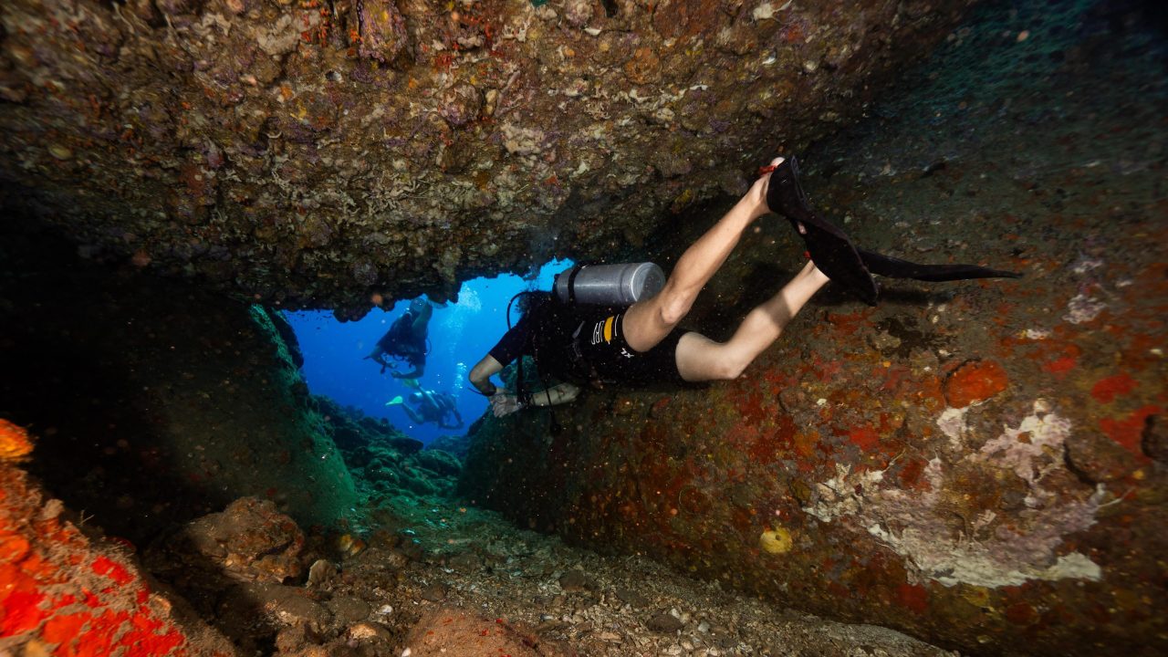 Beginner diver learning to overcome fear underwater