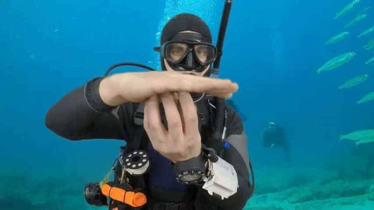 Diver making safety stop signal underwater