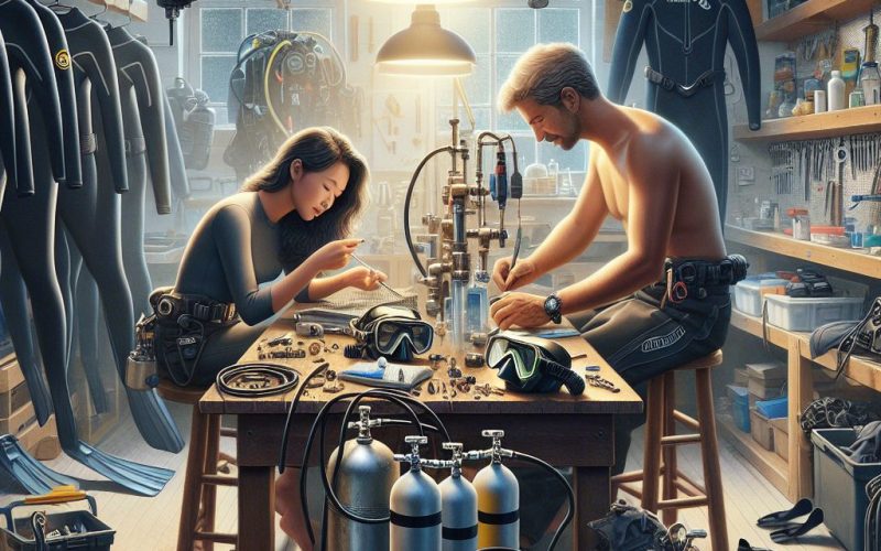 2 People fixing dive equipment.
